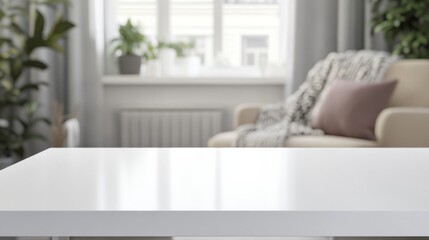 Bright white rectangular wooden table with soft even lighting and blurred modern living room background featuring armchair, throw blankets, and houseplants
