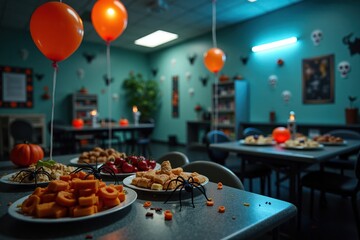 Fototapeta premium A creepy hospital break room decorated for Halloween with spooky snacks, fake spiders, and ghost balloons. The dim lighting and eerie music create a fun yet frightening vibe.