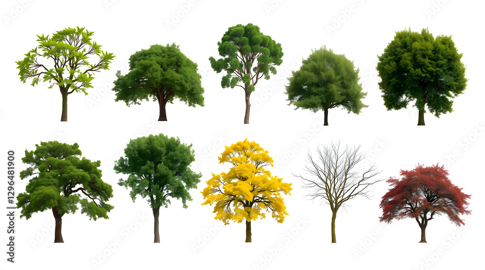 Poster collection of different tree species, each showcasing unique foliage and characteristics. The trees are arranged in rows