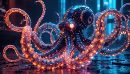 Futuristic Robotic Octopus with Glowing Tentacles in a Cyberpunk Setting A 3D Render of a Mechanical Sea Creature