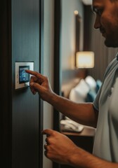 Obraz premium Man adjusting smart thermostat in modern home interior