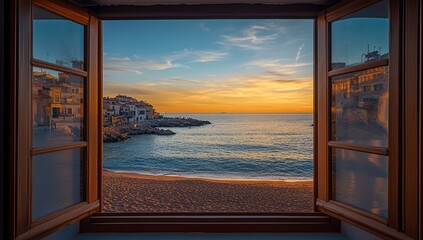 A view of the sea and a small village in Barcelona from an open window with wooden shutters