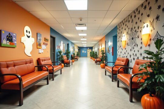 A bright and inviting waiting room in a hospital, decorated for Halloween with friendly ghosts, colorful pumpkins, and cheerful spider webs. The lively decor makes the space feel warm and friendly.