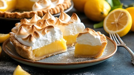 Freshly Baked Lemon Meringue Pie with Sweet Meringue Topping and Slices Ready to Serve