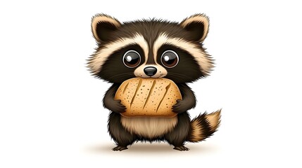 Fototapeta premium Adorable Cartoon Raccoon Holding Bread Against White Background