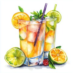 Watercolor Refreshing summer mocktails, vibrant citrus colors, garnished with fresh fruits, watercolor style Refreshing cocktails with fruits and ice
