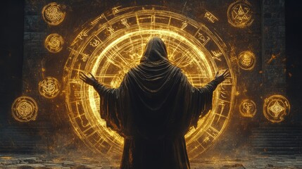 Magician surrounded by glowing runes and ancient symbols 