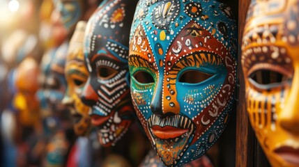 Fototapeta premium Handcrafted Colorful Masks at Street Market Display