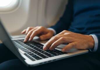 Person typing on laptop while traveling on airplane seat
