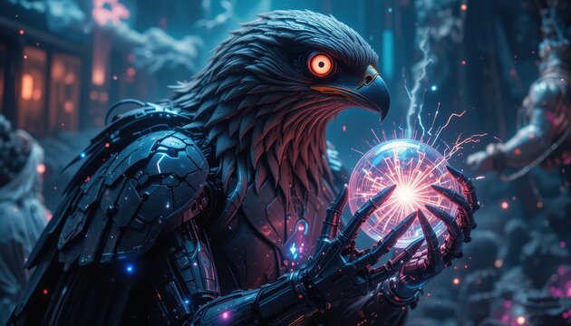 Futuristic Robotic Eagle Holding Glowing Orb Cyberpunk Fantasy Art Digital Painting