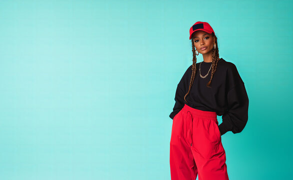 Full body hip hop performer showcasing vibrant style with confidence against a cool blue backdrop