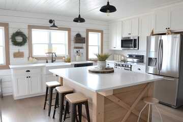 A rustic farmhouse kitchen with a large island, shiplap walls, and vintage decor, combining functionality with charm