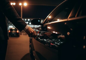 Man in suit opening luxury car door at night in city lights ambiance