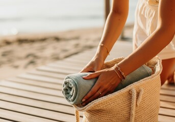 Woman packing beach towel into woven bag on wooden deck by ocean shore