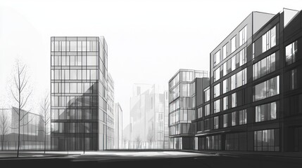 Fototapeta premium Modern city architecture sketch, urban planning, buildings, city street, background fog, for real estate