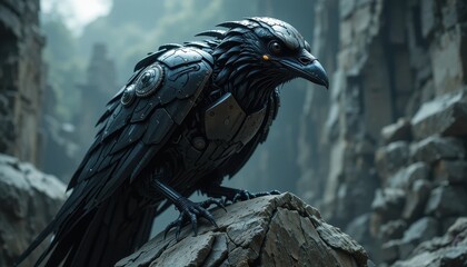 Fototapeta premium Robotic Raven Perched on Rocks Futuristic Dark Fantasy Bird Cyborg Mechanical Creature