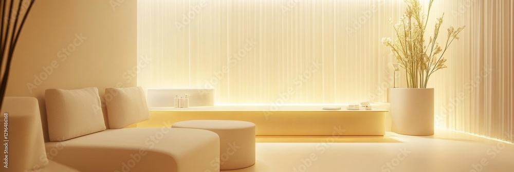 Poster interior design of a serene and modern lounge featuring soft lighting and minimalistic furniture in 