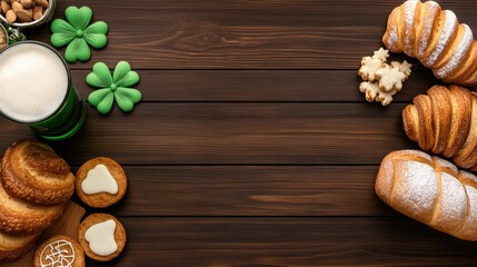 Green beer and snacks create a festive atmosphere for St. Patricks Day on a rustic wooden table adorned with greenery