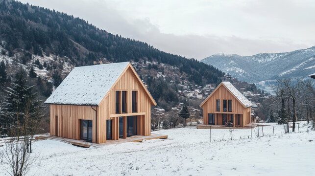 Charming wooden cabin surrounded by snow capped mountains in a winter wonderland