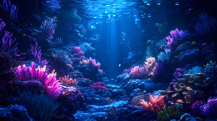 A vibrant coral reef landscape illuminated by subtle bioluminescent lights, digital art of fantasy concept. Bioluminescent Coral Reef. Illustration
