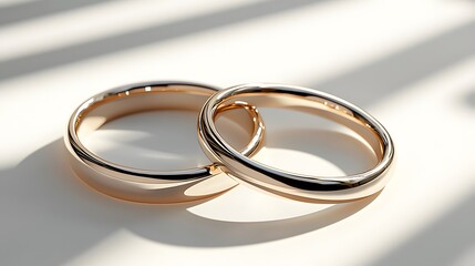 Two golden wedding rings rest on a white surface