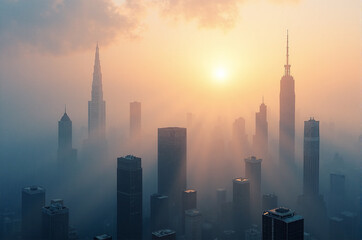 Foggy cityscape at sunrise, tall buildings bathed in sunlight