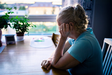 Loneliness of old senior woman with dementia, anxiety or alzheimer. Sad depressed elder lady...