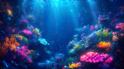 Fototapeta premium A vibrant underwater kingdom teeming with luminescent coral reefs. Bioluminescent Coral Reef. Illustration