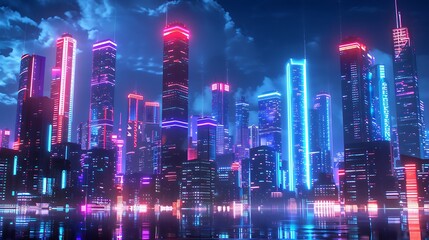 Fototapeta premium Futuristic city skyline at night with glowing neon lights in shades of blue, pink, and purple, reflected in water, creating a vibrant and modern urban scene. Subject is fictional.