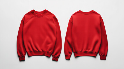 A red crewneck sweatshirt is displayed from the front and back and used as a mockup design template