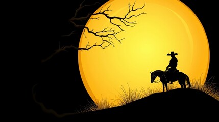 Naklejka premium Silhouette Cowboy Horseback Riding Under a Large Yellow Moon at Night