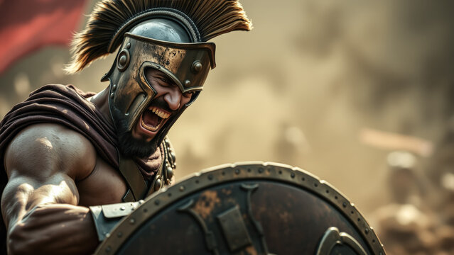 A portrait of a Roman warrior standing in the battlefield, his armor weathered and sword in hand, with a determined gaze. The concept of bravery, ancient warfare, and the spirit of a fearless soldier.
