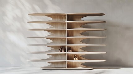 A contemporary shoe rack with multiple tiers, isolated against a pure white backdrop in crisp ultra-realistic detail.