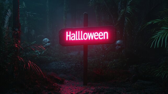 A wooden sign with illuminated text welcomes to Halloween night - Powered by Adobe