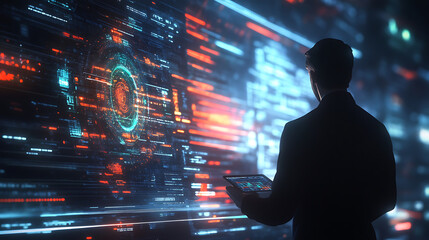 Businessman analyzing big data analytics on a smart screen, futuristic design, professional