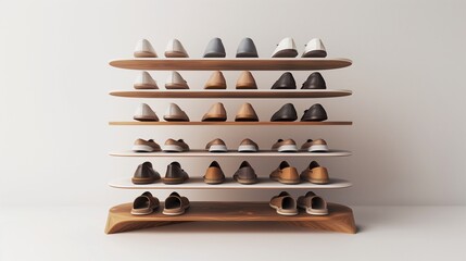 A contemporary shoe rack with multiple tiers, isolated against a pure white backdrop in crisp ultra-realistic detail.