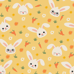 A seamless pattern featuring a cute bunny, bright carrots, and delicate flowers. Perfect for Easter, kids' prints, textiles, and festive designs. 