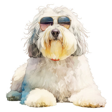 Charming Old English Sheepdog with Stylish Sunglasses Smiling Brightly in the Sun Showcasing a Fun and Playful Personality in a Vibrant Outdoor Setting