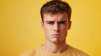 Fototapeta premium Young man with a thoughtful expression against a bright yellow background shows contemplation and curiosity