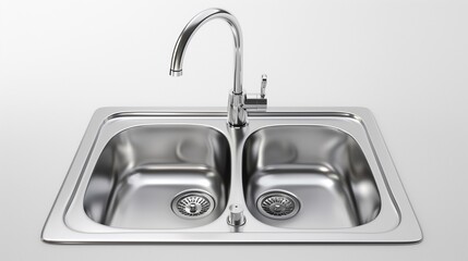 A contemporary stainless steel sink with a high-arc faucet, placed on a seamless white background in high-definition clarity.