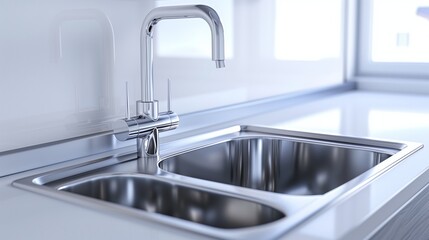 A contemporary stainless steel sink with a high-arc faucet, placed on a seamless white background in high-definition clarity.