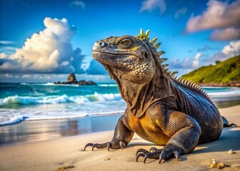 Fototapeta premium Galapagos Marine Iguana Sunbathing on Sandy Beach - Ecuador Wildlife Stock Photo