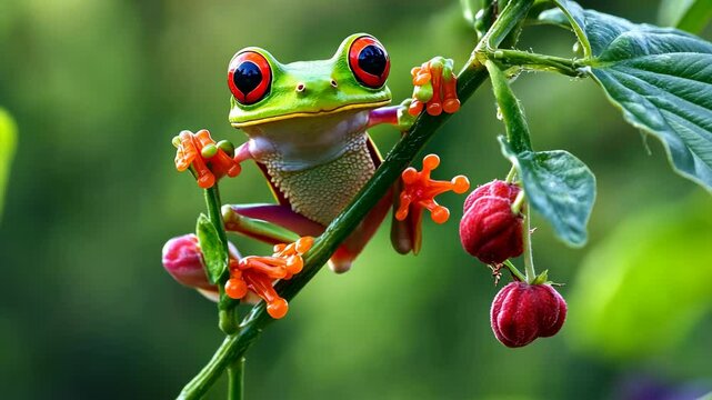 A vibrant red-eyed tree frog clings to a leafy branch, surrounded by lush greenery and bright flowers in a tropical setting