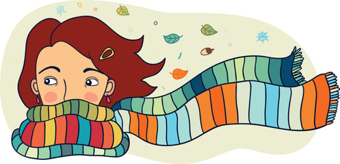 Cozy Autumn Girl with Scarf Hand-Drawn Fall Illustration