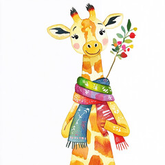 Fototapeta premium Charming Giraffe with a Colorful Scarf: A Whimsical and Playful Animal Portrait Perfect for Nature Lovers and Wildlife Enthusiasts Capturing the Joy of Unique Animal Fashion