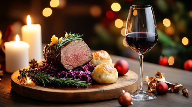 Festive Table Setting with Roast Beef, Red Wine, Purple Cabbage, Bread Rolls, and Holiday Decorations