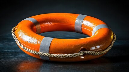 Orange life preserver on dark surface, safety, studio shot