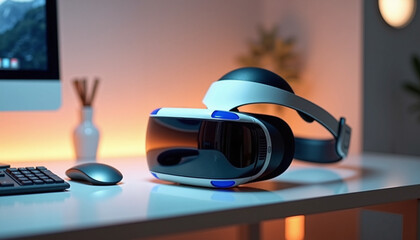 Virtual reality headset on modern workspace desk