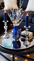 Modern style coffee table with a sliver round centrpiece tray and a deep blue vase with dried branches