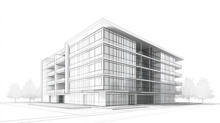 Modern building architectural design, city setting, trees, blueprint